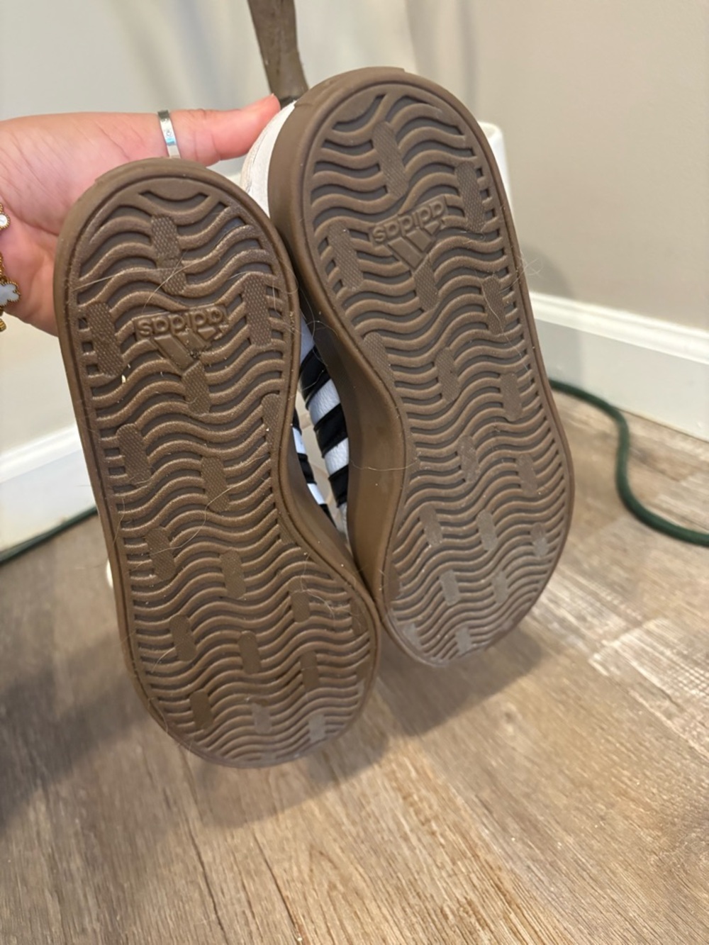 adidas Women’s White Sneakers with Black Stripes and Gum Sole - Picture 5 of 7